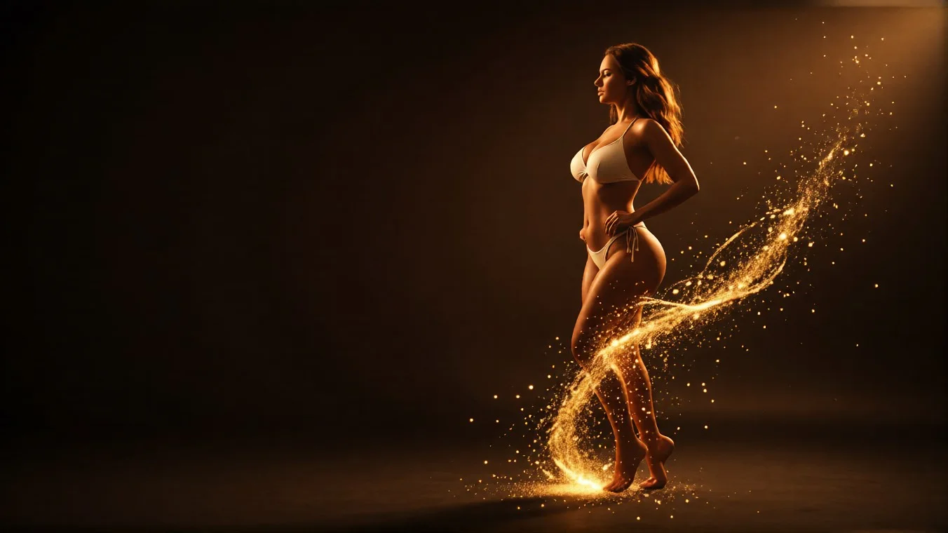 Figura feminina com iluminação dourada sobre fundo escuro