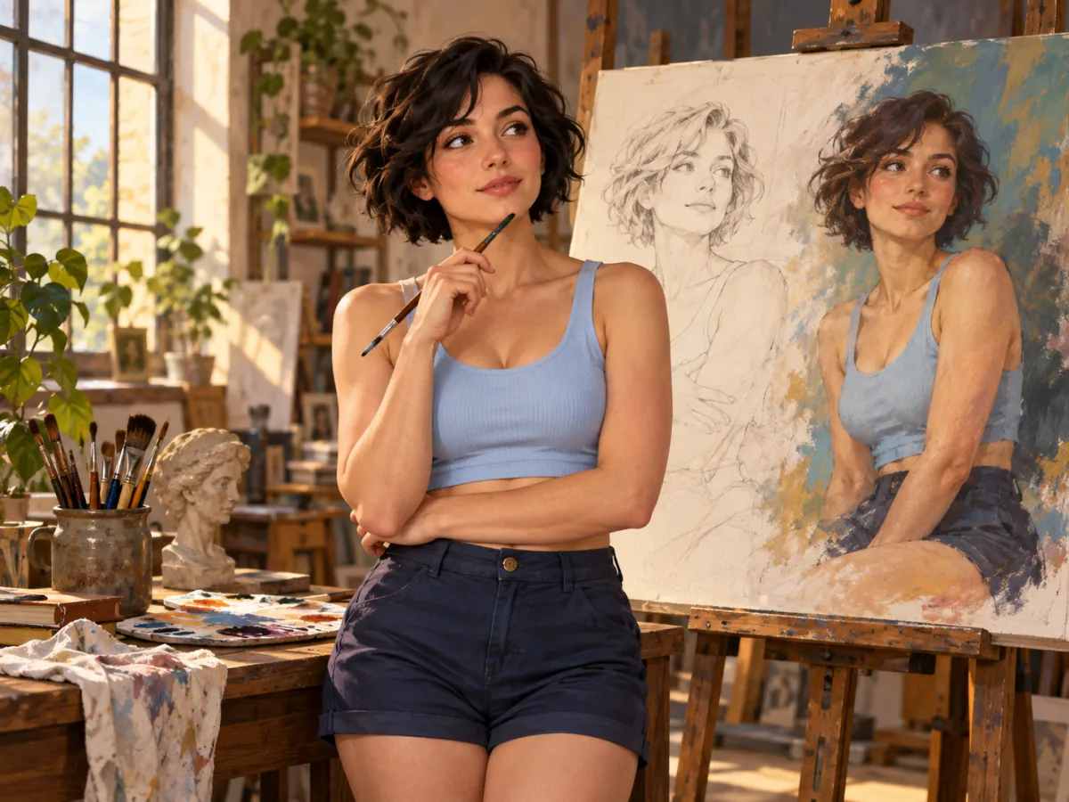 Mulher em ateliê com estudos de retrato sobre uma tela